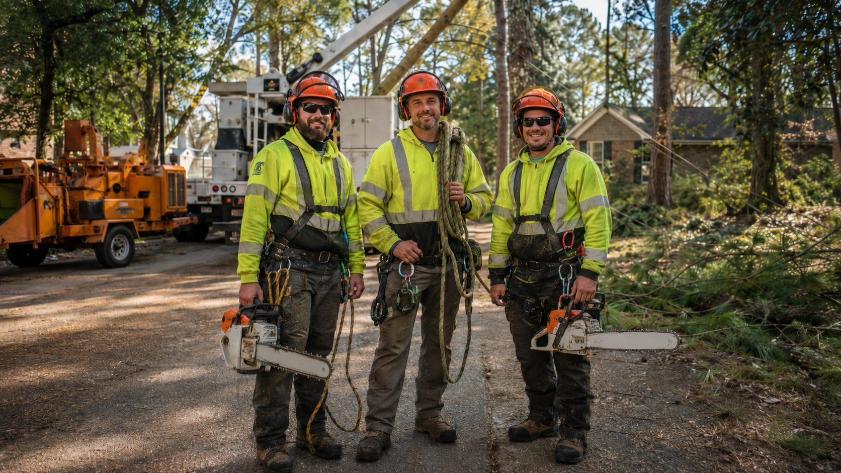 The Jackson Tree Pros crew with bucket truck and wood chipper