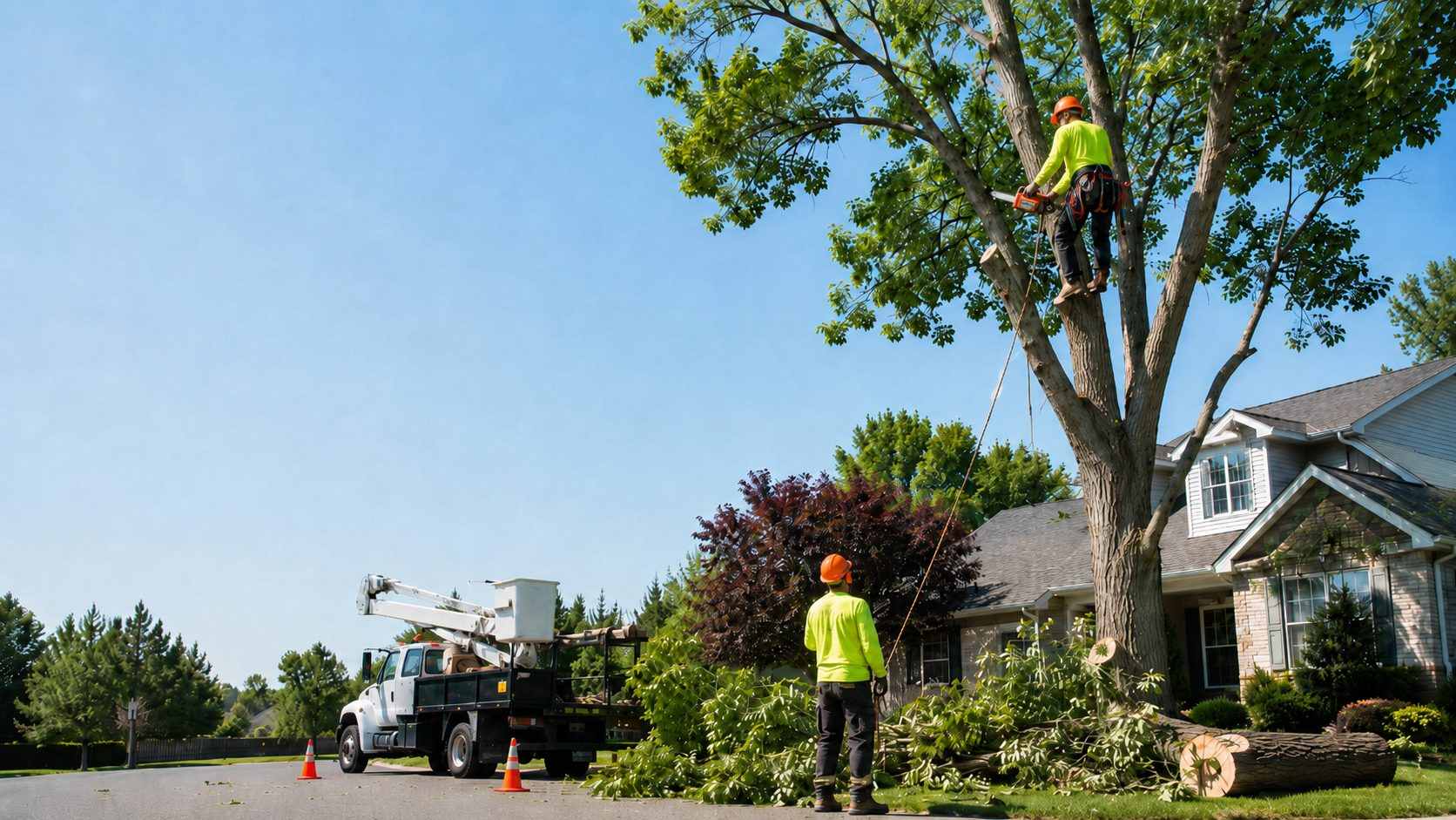 Arborist climbing a tall tree during a removal in Jackson, MS